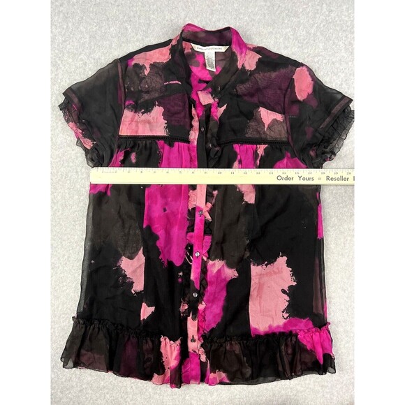 DVF Silk Blouse Womens 8 Annalise Dancing Print Button Front Pink Black - Picture 7 of 14